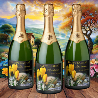 Crocus bubbles de primavera en la etiqueta de vino
