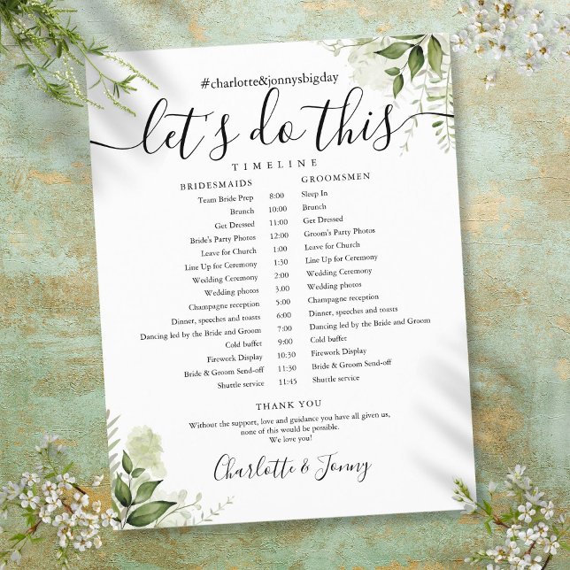 Cronograma de bodas con guión de hojas verdes (Greenery Leaves Script Wedding Schedule Timeline)