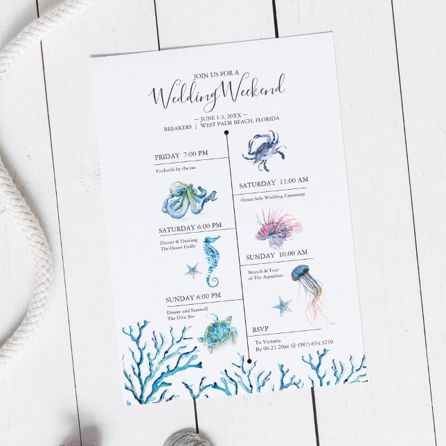 Cronología de Fin de Semana de Boda en la Playa co (Wedding weekend illustrated itinerary invitation watercolor ocean creatures Victoria Grigaliunas )