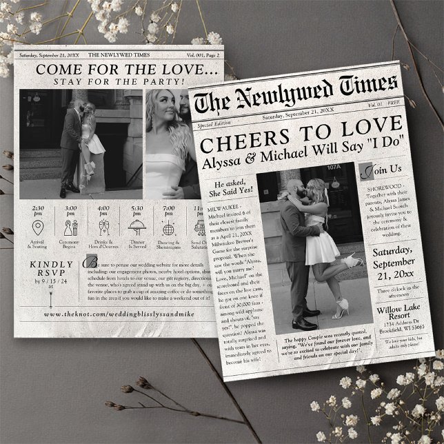 Cronología de la invitación a la boda de un periód (The Newlywed Times Unique black and white 3 photo Newspaper Trendy Wedding Invitation timeline story)