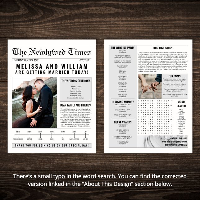 Cronología del programa de bodas de periódicos ele (Elegant Newspaper Wedding Program Timeline Flyer)