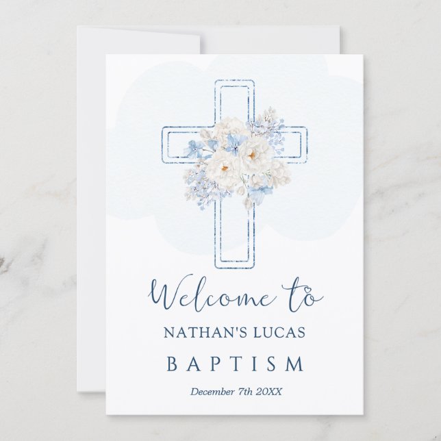 Cross Blue Floral Welcome to Baptism Announcement (Anverso)