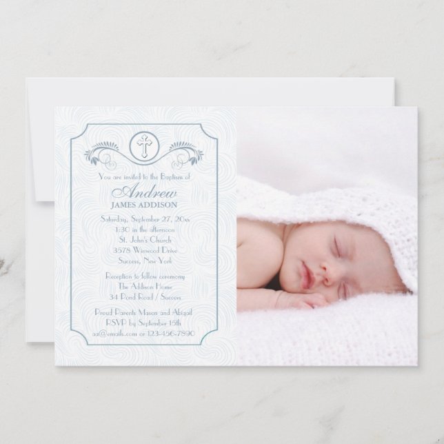 Cross Focus Blue Photo Invitación religiosa (Anverso)