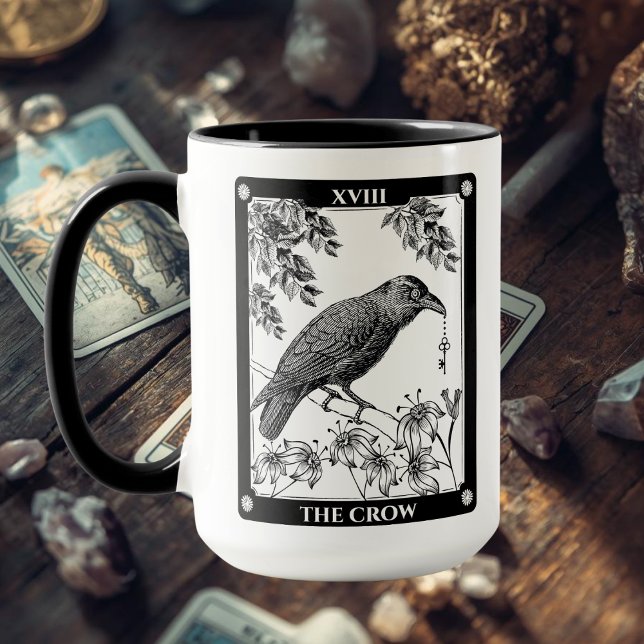 Crow Tarot Card Mug - Copa de café místico y de pi (Crow Tarot Card Mug Black and White
)