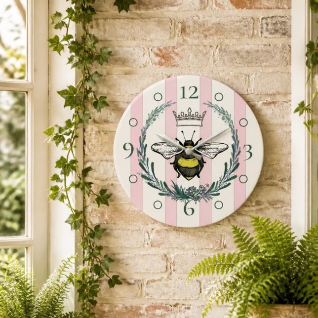 Crown Bee | Reloj de pared rayado rosa y blanco (Subido por el creador)