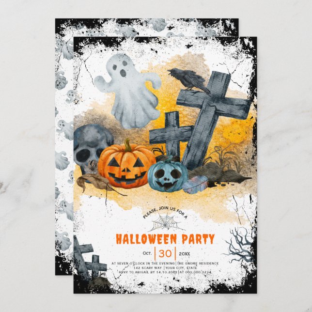 Cruces de Halloween y invitación a fiesta fantasma (Anverso / Reverso)