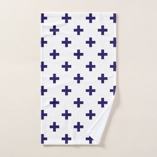 Cruces de polka azul marino sobre blanco (Toalla de mano)