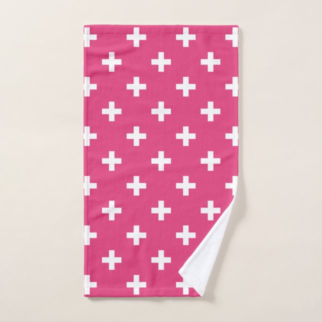 Cruces de polka blanca en fucsia (Toalla de mano)