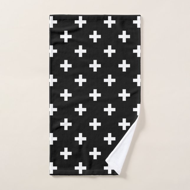 Cruces de polka blanca sobre negro (Toalla de mano)