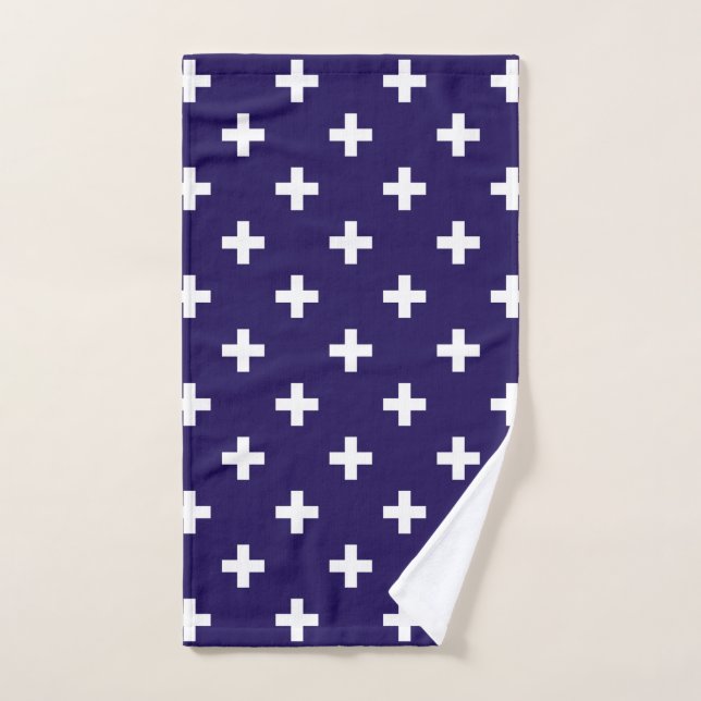 Cruces de polka blanco sobre azul marino (Toalla de mano)