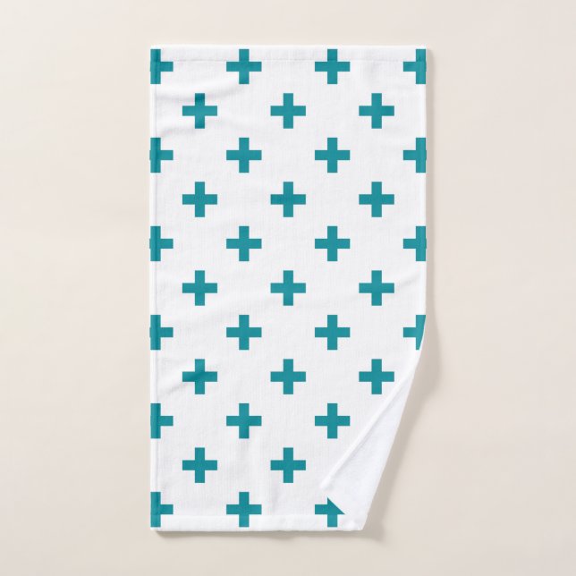 Cruces de polka verde azuladas sobre blanco (Toalla de mano)