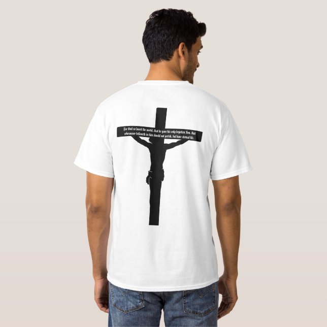 Crucifijo de la camiseta del 3:16 de Juan y del (Reverso completo)