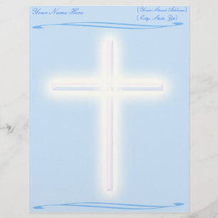 Cruz blanca en papel con membrete azul