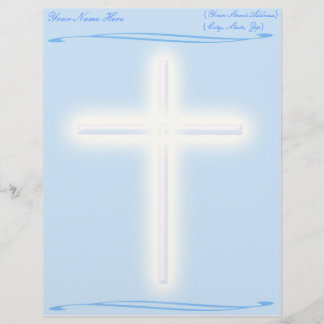 Cruz blanca en papel con membrete azul