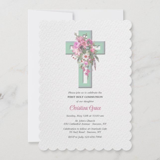 Cruz con la Cascada Floral Invitación religiosa (Anverso)