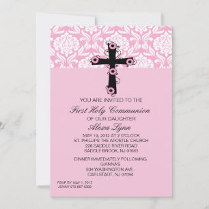 Cruz de Damasco Rosa con Invitación a Comunión de 