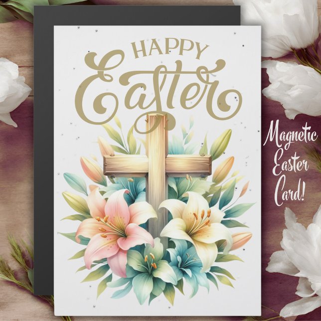 Cruz De Madera Con Lilies Personalizado Pascua Cri (Wooden Cross With Lilies Custom Christian Magnetic Easter Card.)