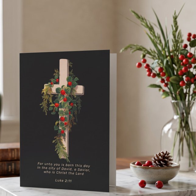 Cruz de Navidad religiosa y Escritura (Religious Christmas Cross and Scripture Holiday Card by Ricaso. Christian themed greetings card)