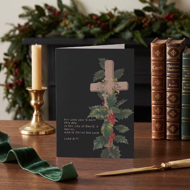 Cruz de Navidad religiosa y Escritura (Religious Christmas Cross and Scripture Holiday Card by Ricaso. Christian themed greetings card)