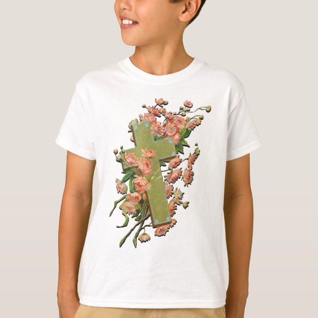Cruz de Pascua con flores rosas Camisa Unisex Blan (Anverso)