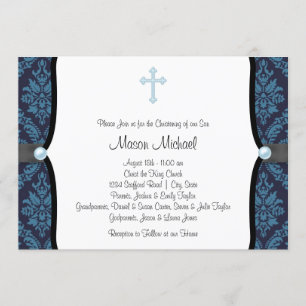 Cruz de Perla Azul sobre Invitación de Bautizo de 