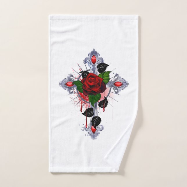 Cruz de Plata con una Rosa Roja (Toalla de mano)