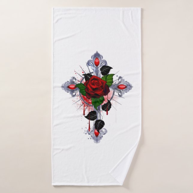 Cruz de Plata con una Rosa Roja (Toalla de baño)