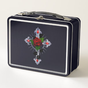Cruz de Plata con una Rosa Roja