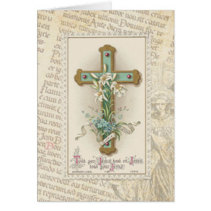 Cruz de Vintage con lirios Texto latino y Ángel