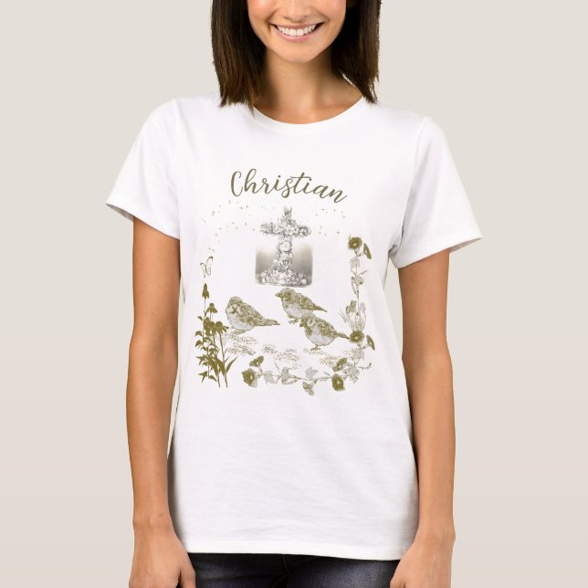 Cruz floral cristiana de camisetas con aves y flor (Anverso)