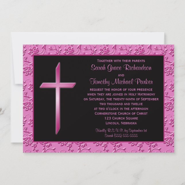 Cruz rosa cristiana en invitación a la boda negra (Anverso)