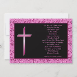 Cruz rosa cristiana en invitación a la boda negra