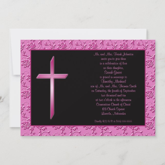 Cruz rosa cristiana en invitación a la boda negra (Anverso)