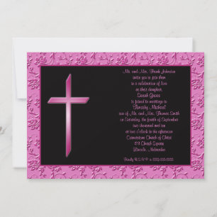 Cruz rosa cristiana en invitación a la boda negra