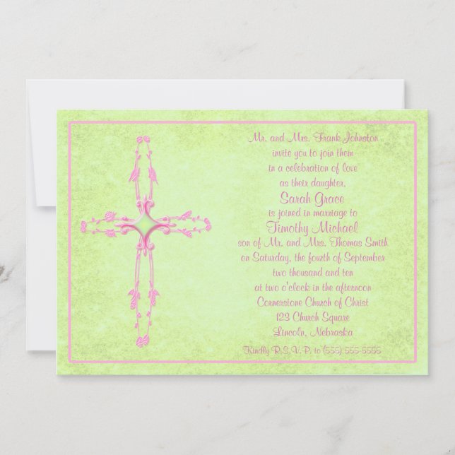 Cruz rosa Cristiana en Invitación a la Boda Verde (Anverso)