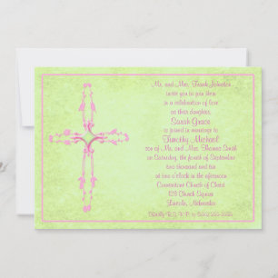 Cruz rosa Cristiana en Invitación a la Boda Verde