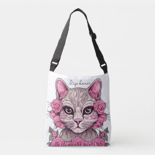 Cruzado Bolso Tot Personalizado con Gato y Rosas Rosadas