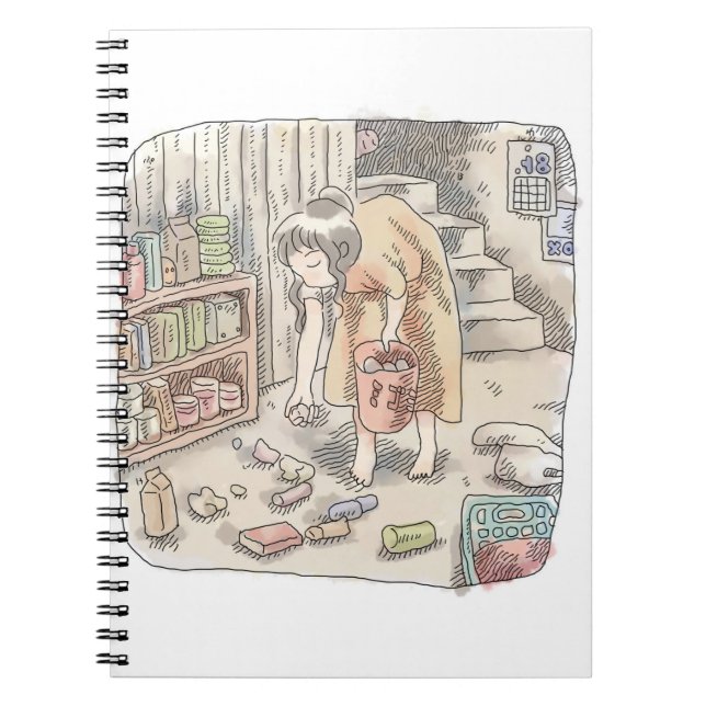CUADERNO さなささじ  部屋の階段わきで屈んでたくさん落ちているゴミを拾う女性のイラスト (Frente)