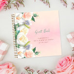 Cuaderno 100th birthday lush florals white peach Guest Book<br><div class="desc">A guest book or party planner for a 100th birthday party. Decorated with large, lush watercolored summer flowers, florals roses and peonies in white, coral and rose gold. Girly romantic blush pink, rose gold gradient background. The title: Guest Book is written with a modern hand lettered style script. Green and...</div>