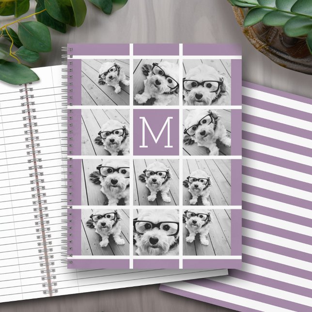 Cuaderno 11 Collage de fotos Monograma PUEDE EDITAR morado (Personalized notebook with an area for photos and text - option for different inside pages and coils)