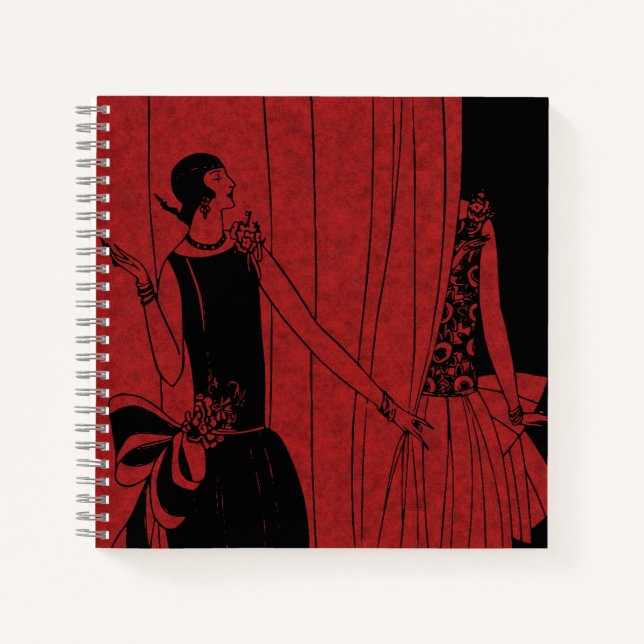 Cuaderno 1920s Art Deco Red Fashion Design Sketch (Anverso)
