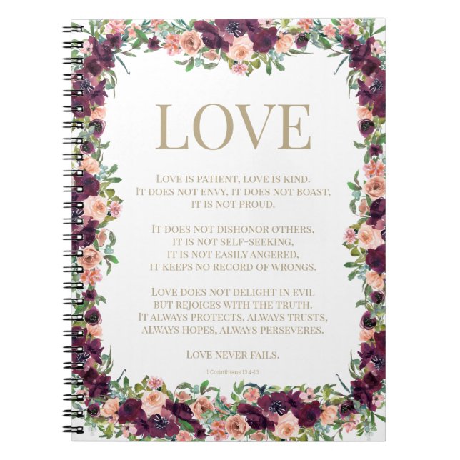 Cuaderno 1 Corinthians 13 Love Bible Verse Burgundy Floral (Frente)