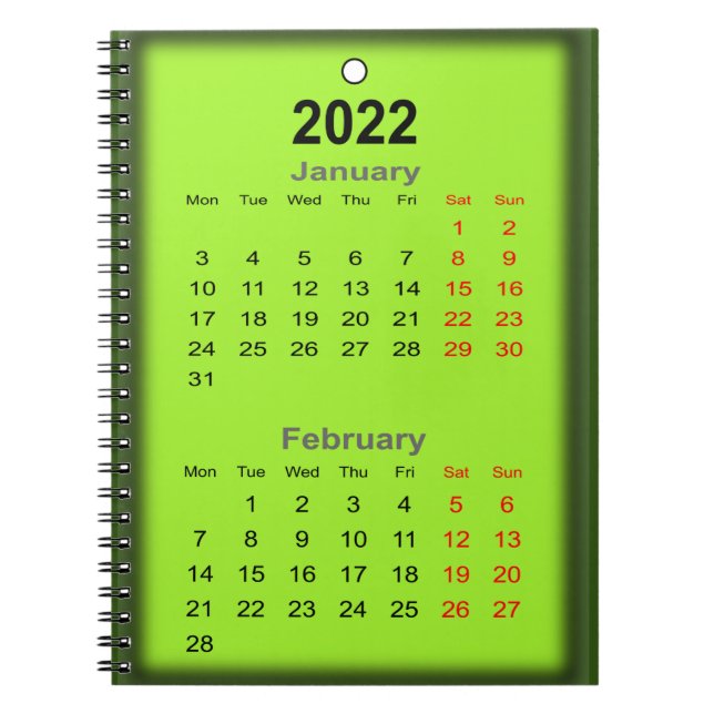 Cuaderno 2022 Calendario de enero de febrero impreso en.. (Frente)