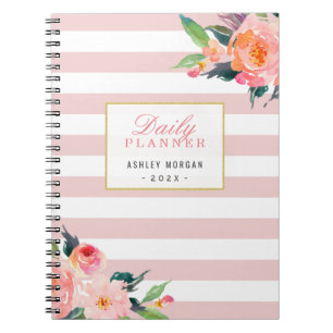 Cuaderno 2022 Daily Planner   Floral de franjas rosadas