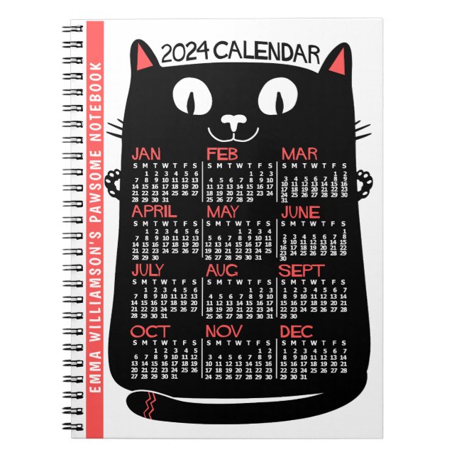 Cuaderno 2024 Año Calendario Mensual Gato negro de mediados (Frente)