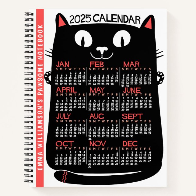 Cuaderno 2025 Año Calendario Mensual Gato negro de mediados (Anverso)