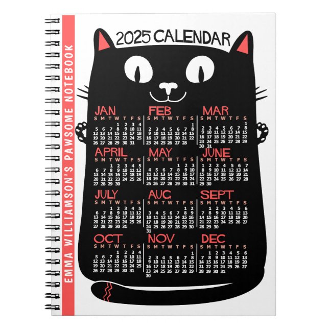 Cuaderno 2025 Año Calendario Mensual Gato negro de mediados (Frente)