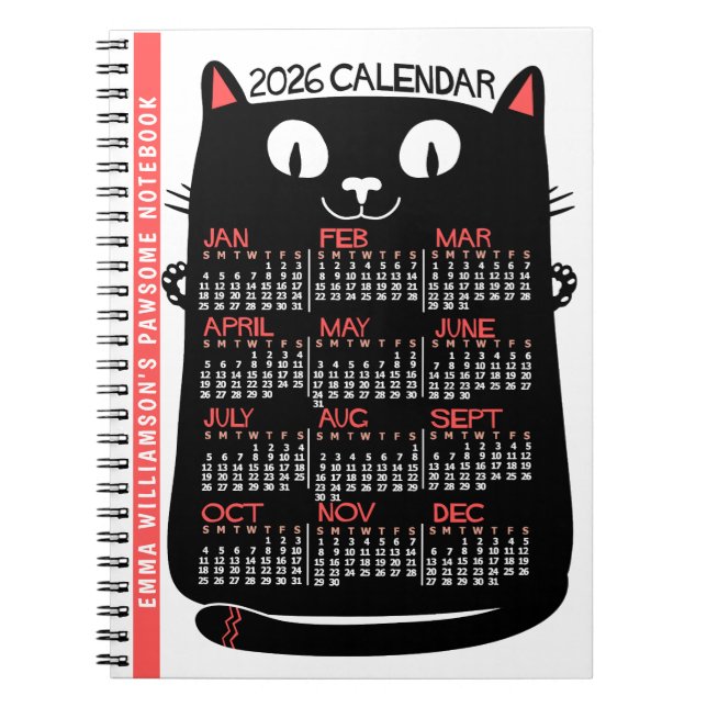 Cuaderno 2026 Year Monthly Calendar Mid-Century Black Cat (Frente)