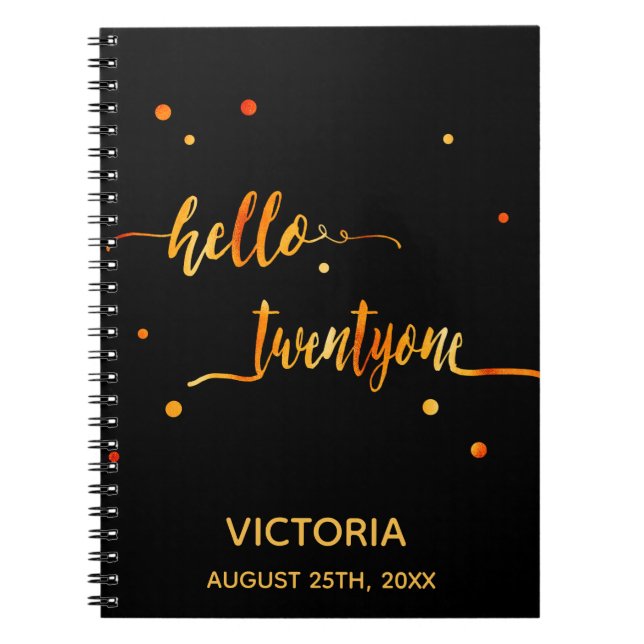 Cuaderno 21 cumpleaños oro negro hola guión 21 nombre (Frente)