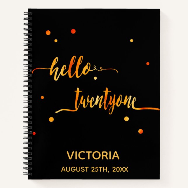 Cuaderno 21 cumpleaños oro negro hola guión 21 nombre (Anverso)